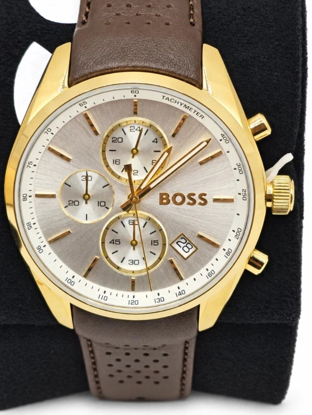 Hugo Boss Grand Prix 44 1514313 Mens White Dial Brown Leather Chronograph Watch